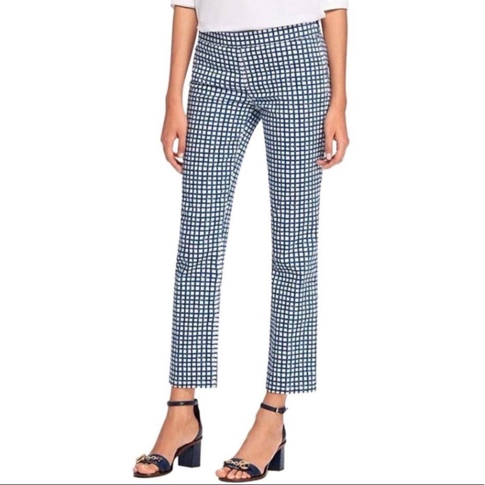 Tory Burch Blue Haven Gingham Plaid Ankle Cropped Pants